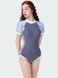 Bộ bơi nữ cộc xanh tím nhạt, vải cao cấp, hãng Momasong