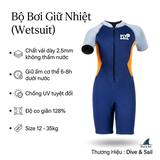 Bộ bơi giữ nhiệt trẻ em cộc tay liền thân xanh cam vải dày 2.5mm, Dive&Sail