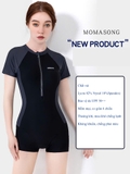 Bộ bơi nữ cộc tay, màu đen xám, dáng liền, vải UPF50+ Momasong