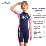 Bộ bơi Giữ Nhiệt bé gái tay ngắn dáng liền màu xanh than hồng chất vải 1.5mm Dive& Sail