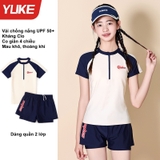 Bộ bơi bé gái cộc tay, màu trắng đen, vải cao cấp chống nắng UPF 50+, YUKE