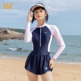 Bộ bơi nữ dài tay chân váy, đen tay hồng, vải cao cấp hãng 361