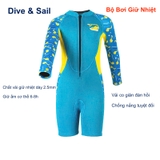 Bộ bơi giữ nhiệt cho bé, xanh dài tay dáng liền, vải dày 2.5mm, Dive & Sail