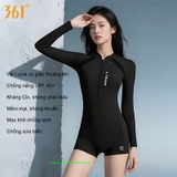 Bộ bơi nữ 361 dài tay liền thân, màu đen tôn dáng, chống nắng UPF 50+, co giãn thoáng khí