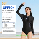 Bộ bơi nữ 361 dài tay liền thân, chống nắng UPF 50+, kháng Clo, màu đen