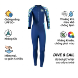 Bộ bơi trẻ em dài tay dáng liền màu xanh vải cao cấp Kháng Clo Chống Nắng UPF 50++ Dive & Sail