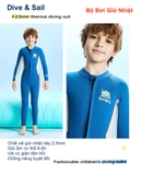 Bộ bơi giữ nhiệt cho bé, xanh liền dài tay chân, vải dày 2.5mm, Dive Sail