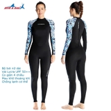 Bộ bơi nữ dài, đen tay xanh, vải chống nắng UPF50++, DiveSail