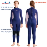 Bộ bơi giữ nhiệt bé gái dài tay chân, xanh than, vải dày 2.5mm, Dive & Sail
