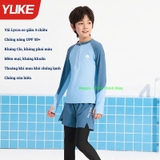 Bộ bơi bé trai dài tay chống nắng UPF 50+, kháng Clo, xanh dáng rời quần 2 lớp Yuke