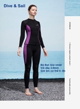 Bộ bơi giữ nhiệt nữ, vải dày 3mm chống lạnh, màu đen tím, dài tay, dáng rời Dive & Sail