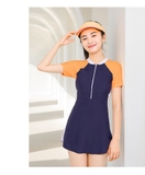Bộ bơi cộc liền chân váy, màu than tay cam