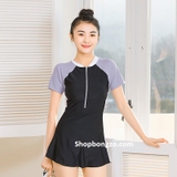 Bộ bơi bé gái cộc tay liền chân váy, đen tay tím nhạt