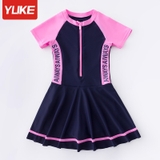 Bộ bơi bé gái cộc liền chân váy, màu than hồng