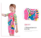 Bộ bơi bé gái hồng cộc liền, ngựa xanh, tay kẻ vàng (9017-2)