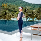 Bộ bơi nữ dài kéo khoá, quần rời, xanh than, tay hồng 361 (SLY202048)