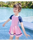 Bộ bơi bé gái cộc liền chân váy, hồng tay than 32626Y
