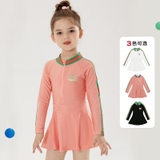 Bộ bơi bé gái màu hồng dài tay liền chân váy, cổ kẻ xanh Momasong (Korea)