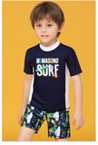 Bộ bơi cộc tay bé trai, Xanh than, cổ trắng SURF, dáng rời, Momasong (Korea)