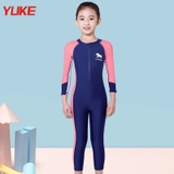 Bộ bơi bé gái dài liền, màu xanh than, tay hồng YUKE 1717