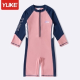 Bộ bơi bé gái dài liền, quần ngắn, màu hồng tay than YUKE 2189-1