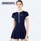 Bộ bơi nữ cộc tay liền chân váy, màu xanh than, chống nắng, Momasong