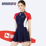 Bộ bơi nữ cộc xanh than, chân váy, tay đỏ, Momasong