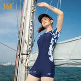 Bộ bơi nữ 361 xanh than, dáng cộc liền, tay hoạ tiết trắng xanh.
