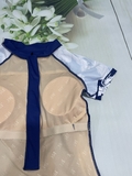 Bộ bơi nữ 361 xanh than, dáng cộc liền, tay hoạ tiết trắng xanh.
