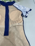 Bộ bơi nữ 361 xanh than, dáng cộc liền, tay hoạ tiết trắng xanh.
