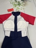 Bộ bơi nữ cộc xanh than, chân váy, tay đỏ, Momasong