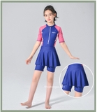 Bộ bơi bé gái cộc liền, màu xanh hồng