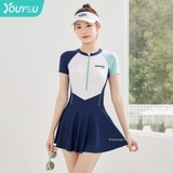 Bộ bơi nữ cộc liền chân váy, trắng xanh YouYou