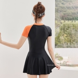 Bộ bơi nữ cộc liền chân váy, trắng cam, YouYou