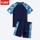 Bộ bơi bé trai cộc rời, xanh khủng long, vải chống nắng, King Yuke