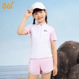 Bộ bơi bé gái cộc tay, màu trắng hồng, vải chống nắng, quần 2 lớp, Keep, 361