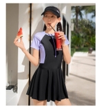 Bộ bơi nữ cộc tay chân váy, màu đen tím, vải chống nắng, 361