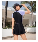 Bộ bơi nữ cộc tay chân váy, màu đen tím, vải chống nắng, 361