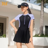 Bộ bơi nữ cộc tay chân váy, màu đen tím, vải chống nắng, 361