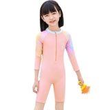 Bộ bơi dài bé gái, màu hồng, dáng liền, vải chống nắng, Yuke