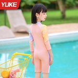 Bộ bơi dài bé gái, màu hồng, dáng liền, vải chống nắng, Yuke
