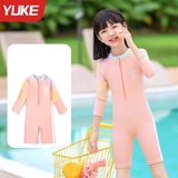 Bộ bơi dài bé gái, màu hồng, dáng liền, vải chống nắng, Yuke