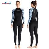Bộ bơi nữ dài, đen tay xanh, vải chống nắng UPF50++, DiveSail