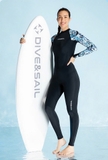 Bộ bơi nữ dài, đen tay xanh, vải chống nắng UPF50++, DiveSail