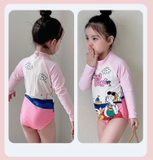 Bộ bơi bé gái chống nắng chống clo, dài tay liền thân, màu hồng trắng, Momasong(Korea)