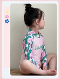 Bộ bơi bé gái hồng tay xanh, vải chống nắng chống Clo, dài tay, Momasong(Korea)
