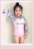 Bộ bơi bé gái hồng tay xanh, vải chống nắng chống Clo, dài tay, Momasong(Korea)
