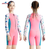 Bộ bơi giữ nhiệt bé gái, dài tay dáng liền, màu hồng tay cá, vải dày 2.5mm, Dive & Sail