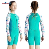 Bộ bơi giữ nhiệt bé gái, dài tay, màu xanh tay trắng, vải dày 2.5mm, Dive & Sail