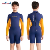 Bộ bơi giữ nhiệt vải dày, dài tay dáng liền, màu xanh than, tay cam, Dive & Sail